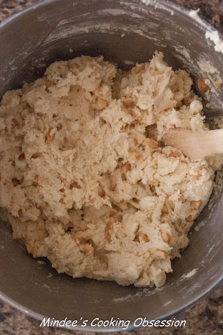 White Chocolate Chip Macadamia Nut Cookie dough mixed up and ready to scoop.