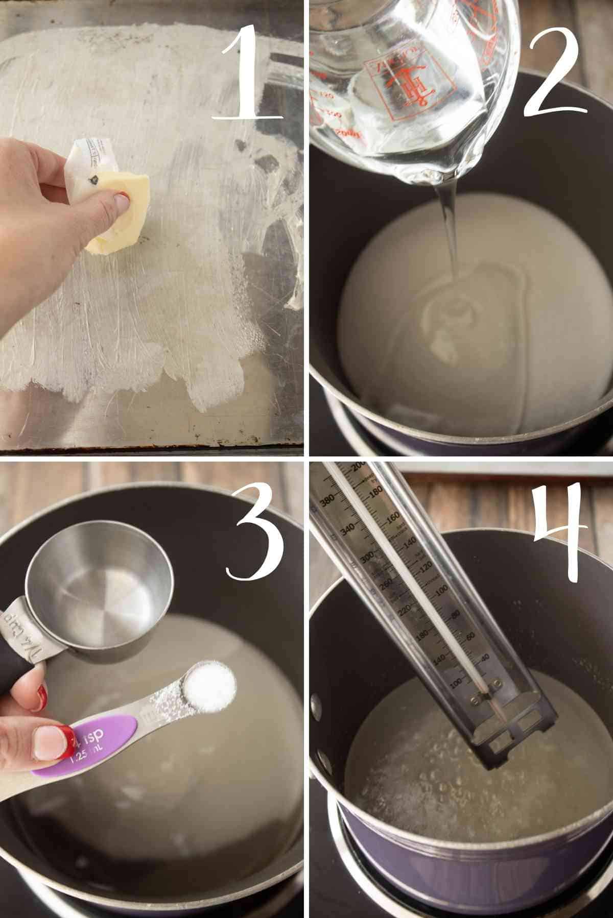 Bring sugar, corn syrup, water and salt to a boil and clip on a candy thermometer.