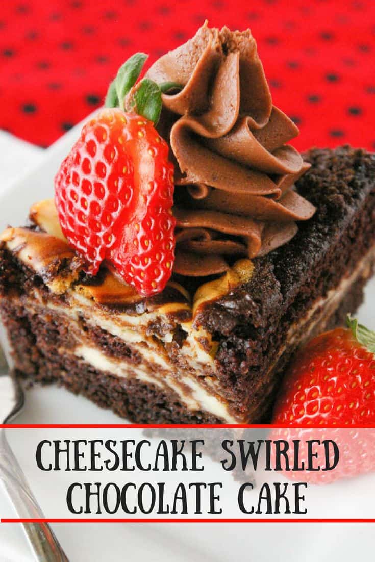 Cheesecake swirled chocolate cake is as easy as it is delicious. You'll love this dense, moist cake with swirls of cheesecake throughout!