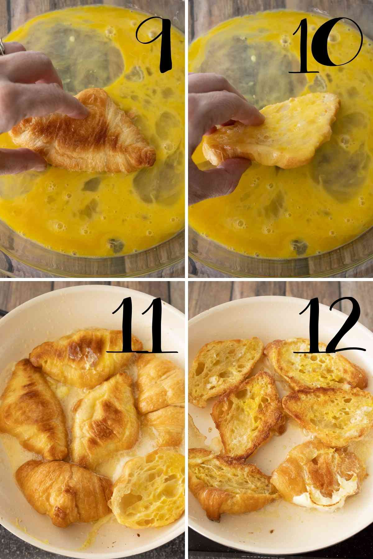 Dipping of croissants in eggs and then cooking in a frying pan.