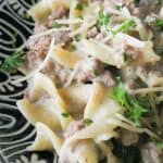 Ground Beef Stroganoff Ground beef stroganoff is an easy weeknight meal. Make the creamy mushroom sauce ahead of time, then just reheat and add the beef and pasta!