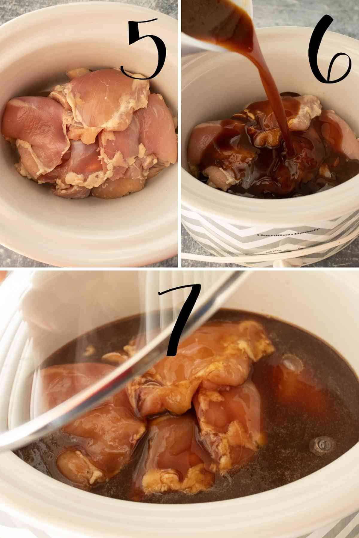 Pour honey barbecue sauce over chicken in the crockpot and cook for 5 hours.