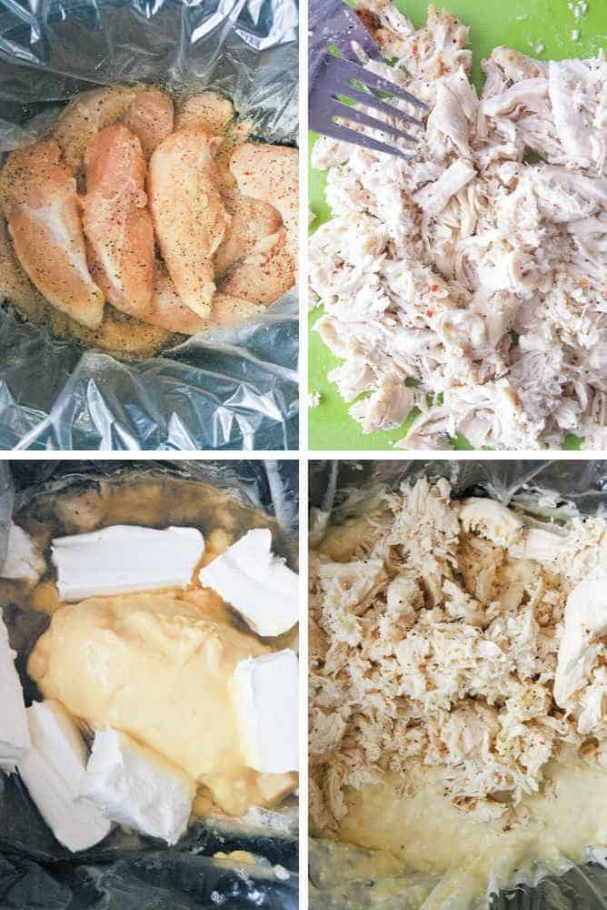 Collage of steps for chicken alfredo.