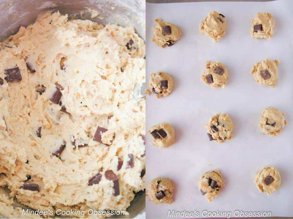 Grown Up Chocolate Chunk Cookies batter completed and scooped onto a baking sheet.