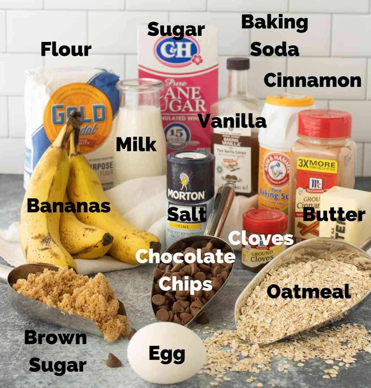 Ingredients for banana oatmeal chocolate chip cookies.