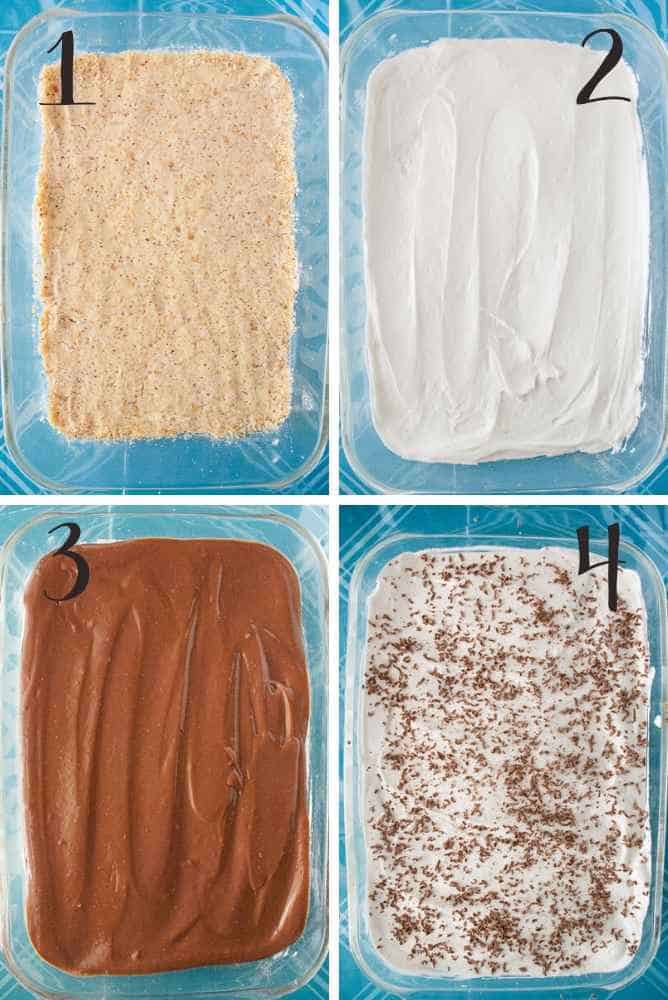 Collage of steps for chocolate lasagna.