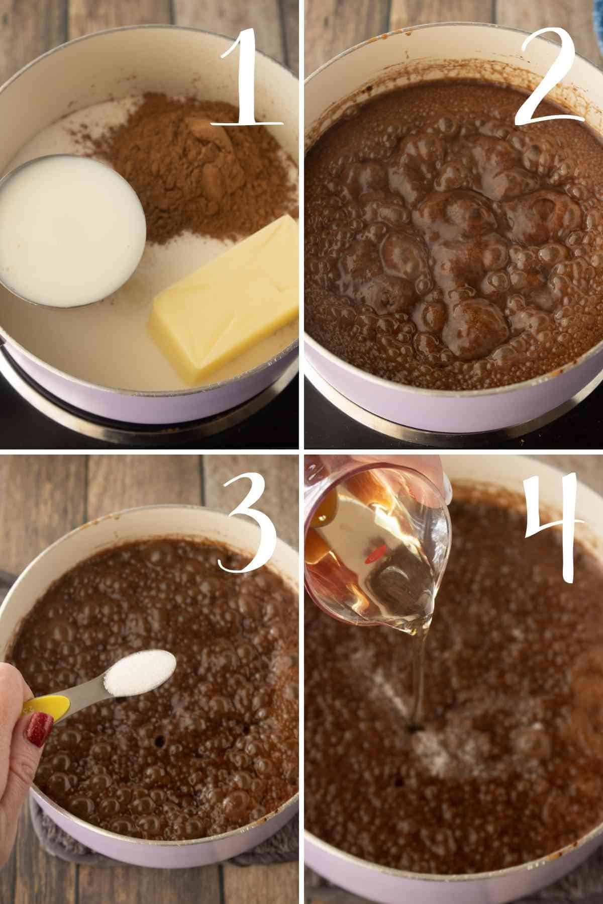 Bring sugar, milk, butter and cocoa to a boil.