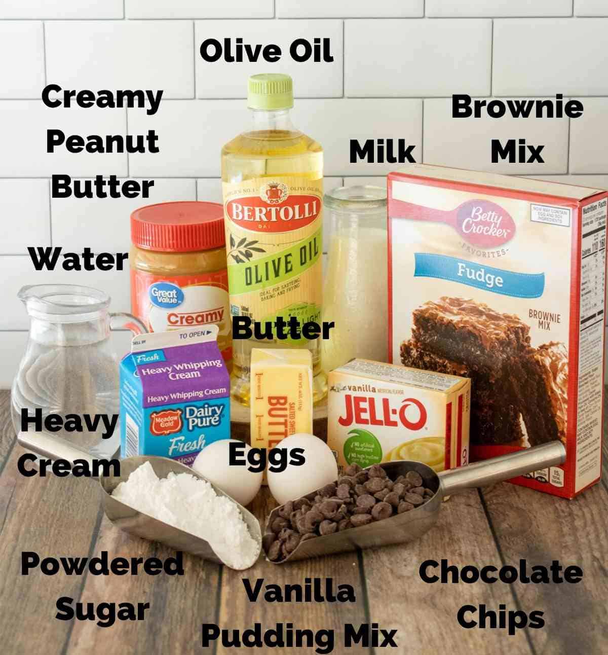Ingredients needed for my favorite peanut butter brownie recipe!