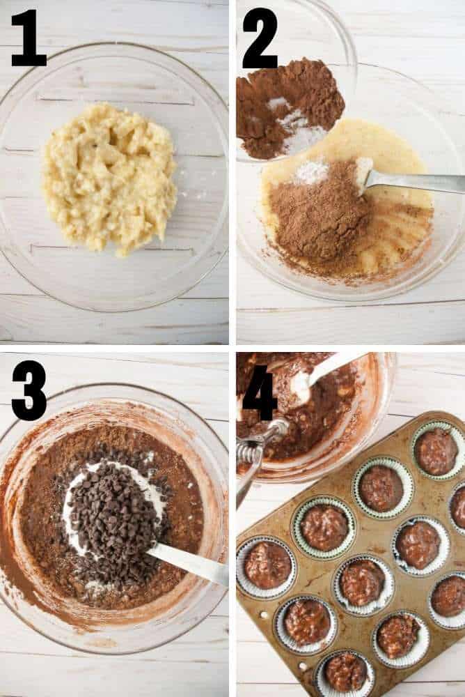 Steps collage for making chocolate banana muffins.