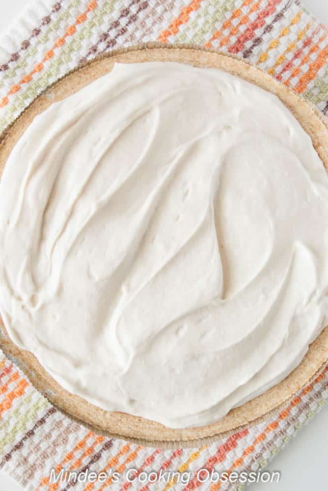 Caramel cream pie filling spread into a nilla wafer crust.