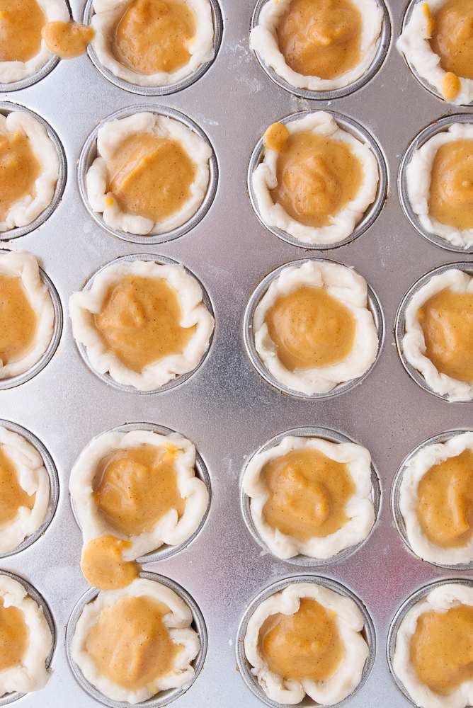 Little pie shells filled with pumpkin pie filling.