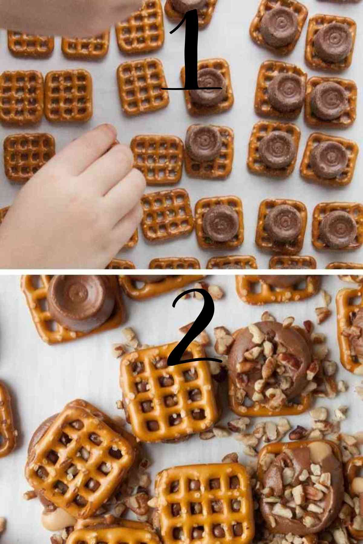Rolos on grid pretzels, melted, sprinkled with pecans and topped with another pretzel.