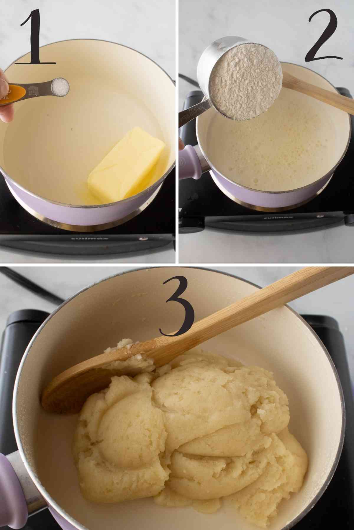 Butter and water brought to a boil; Flour added; mixture cooked into a ball.