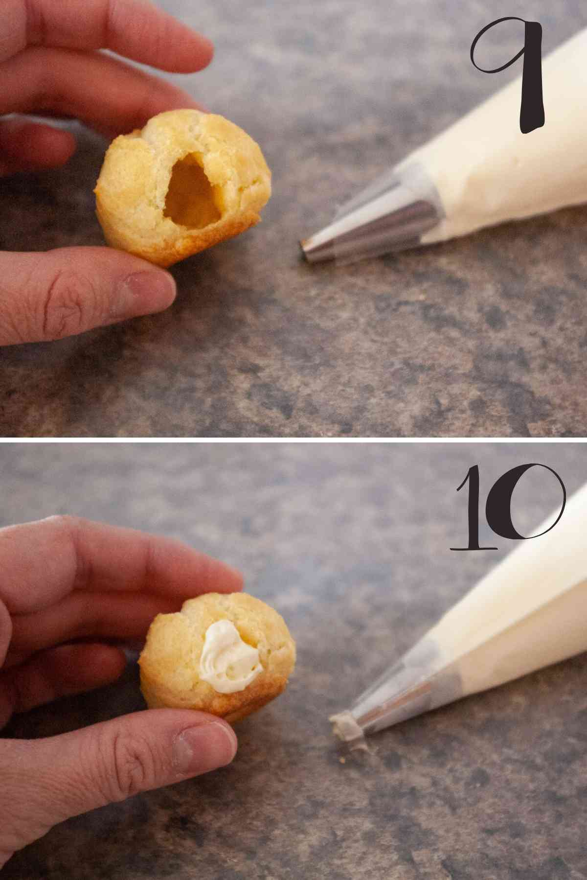 A small hole poked in the side of a baked cream puff and then filled with cream puff filling.