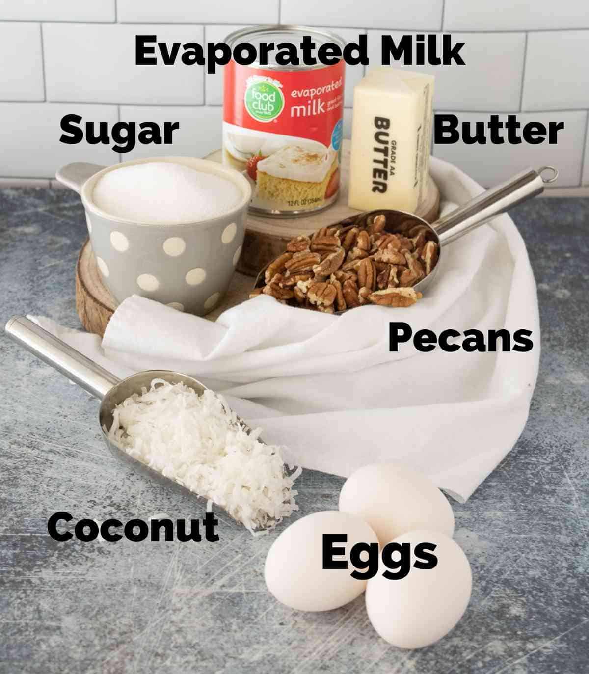 Ingredients for Coconut Pecan Frosting.