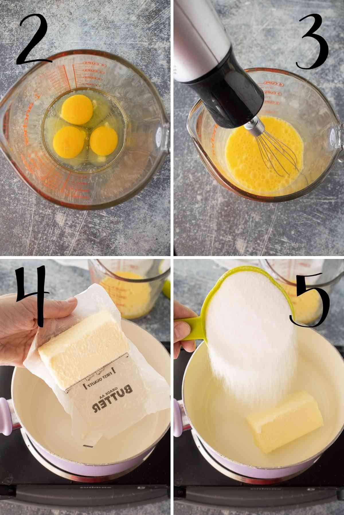Beat eggs well and set aside.  Melt butter with sugar in a pot.