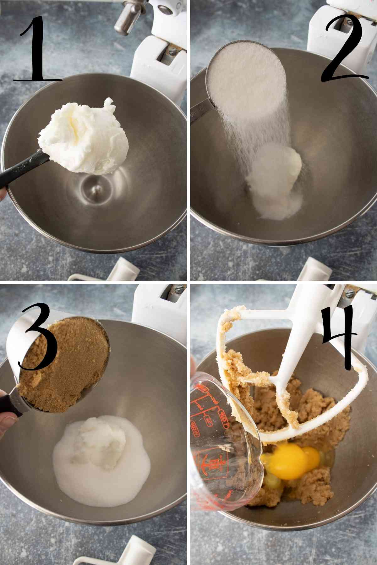 Shortening, sugars, eggs, water and vanilla added to a mixing bowl.