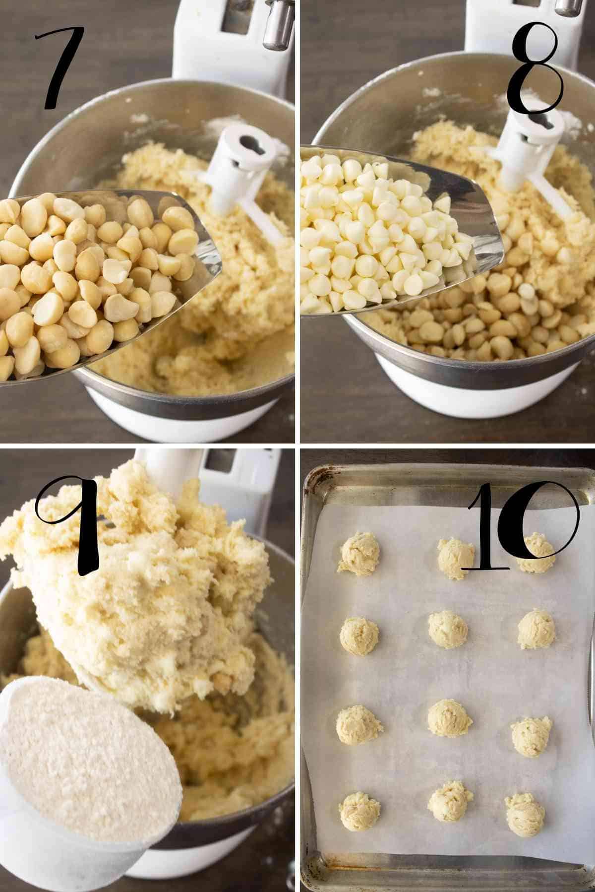 Add the macadamia nuts, and creamy white chocolate chips.  Mix, scoop and bake!