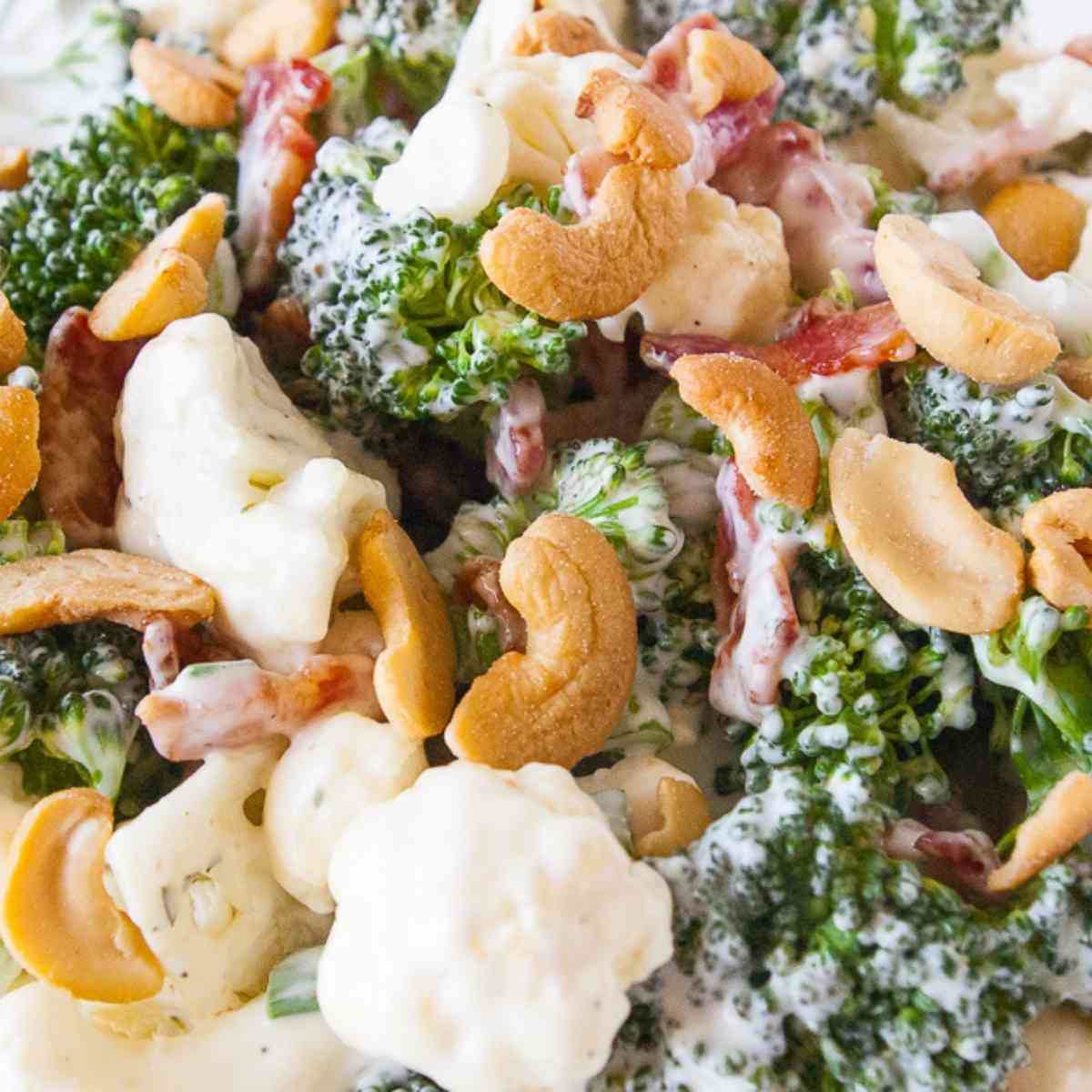 Close up of this broccoli ranch cashew salad.