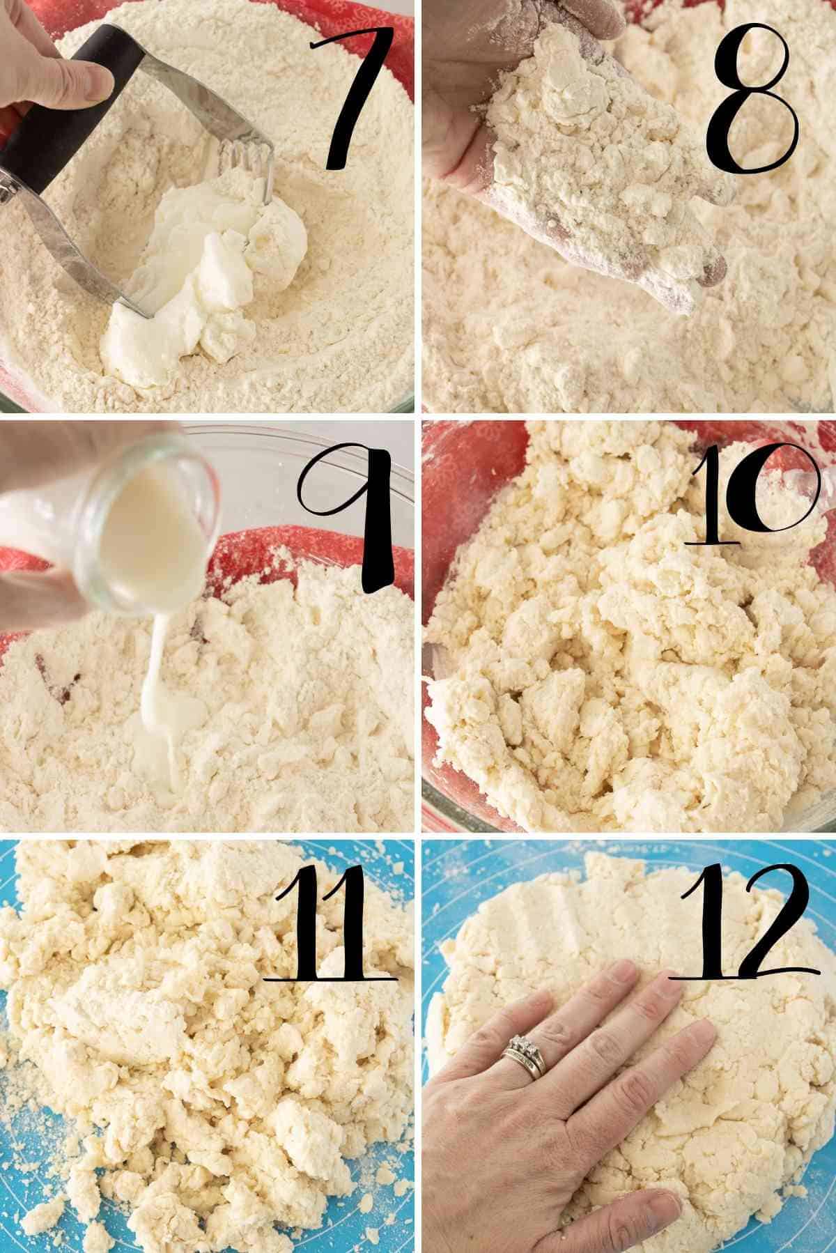 Cut in the shortening, mix in the buttermilk and pat out the biscuit dough.