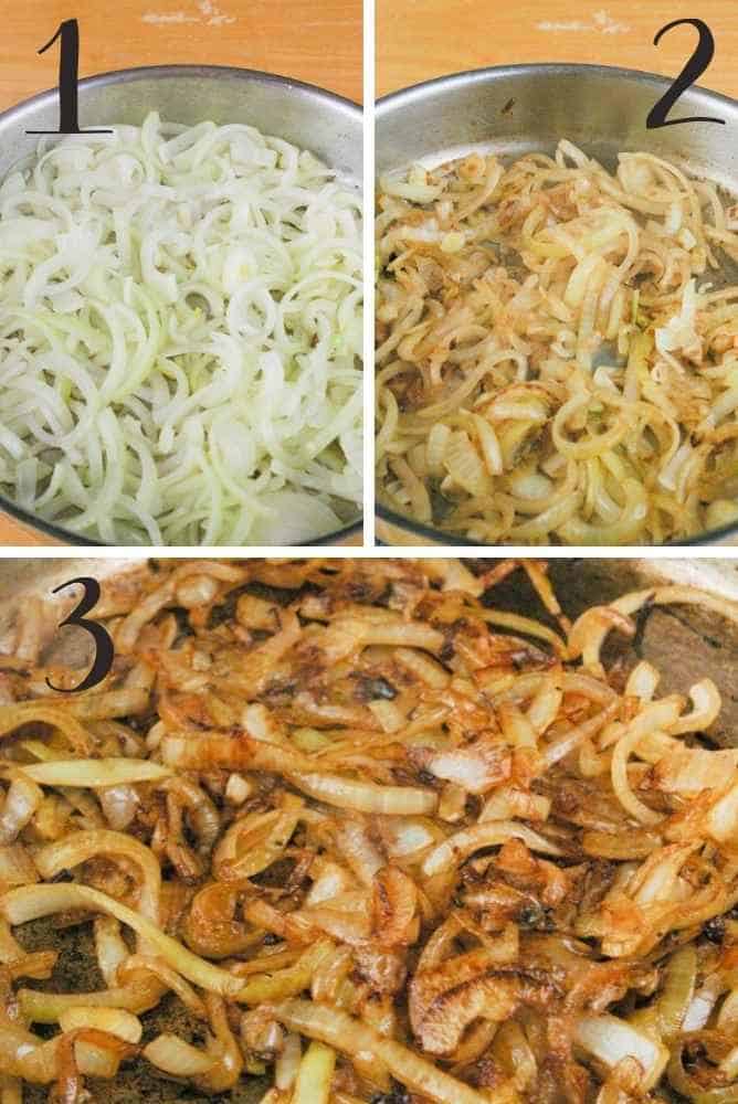 Collage of steps for caramelizing onions.