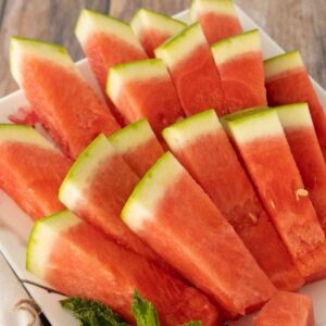 Watermelon sticks arranged for a picnic or party.