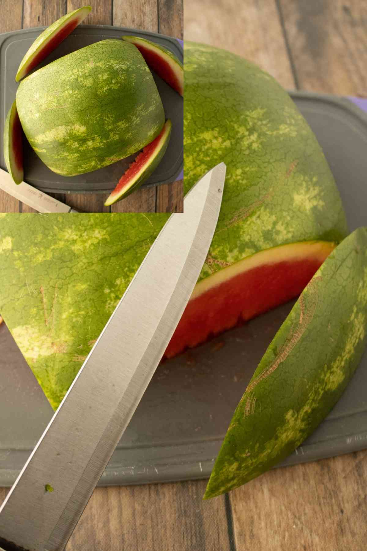 Cut the four edges off the watermelon.