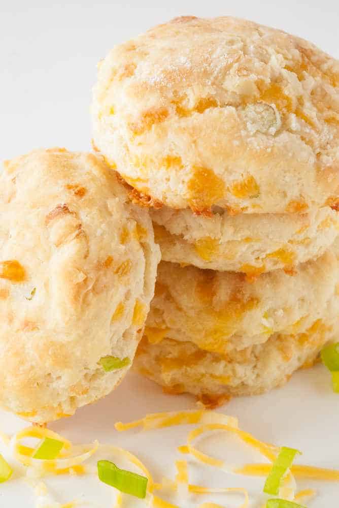 A stack of cheddar chive biscuits.