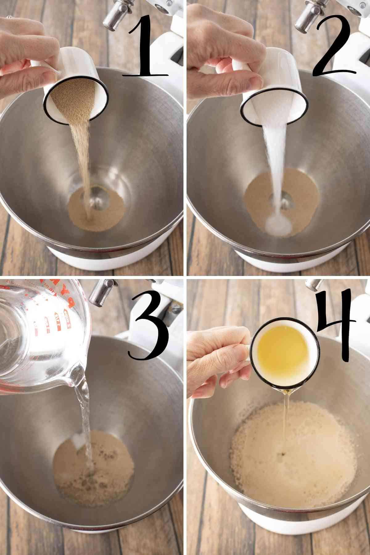 Yeast, sugar, and warm water added to a  mixing bowl.  Oil added to foamy yeast.