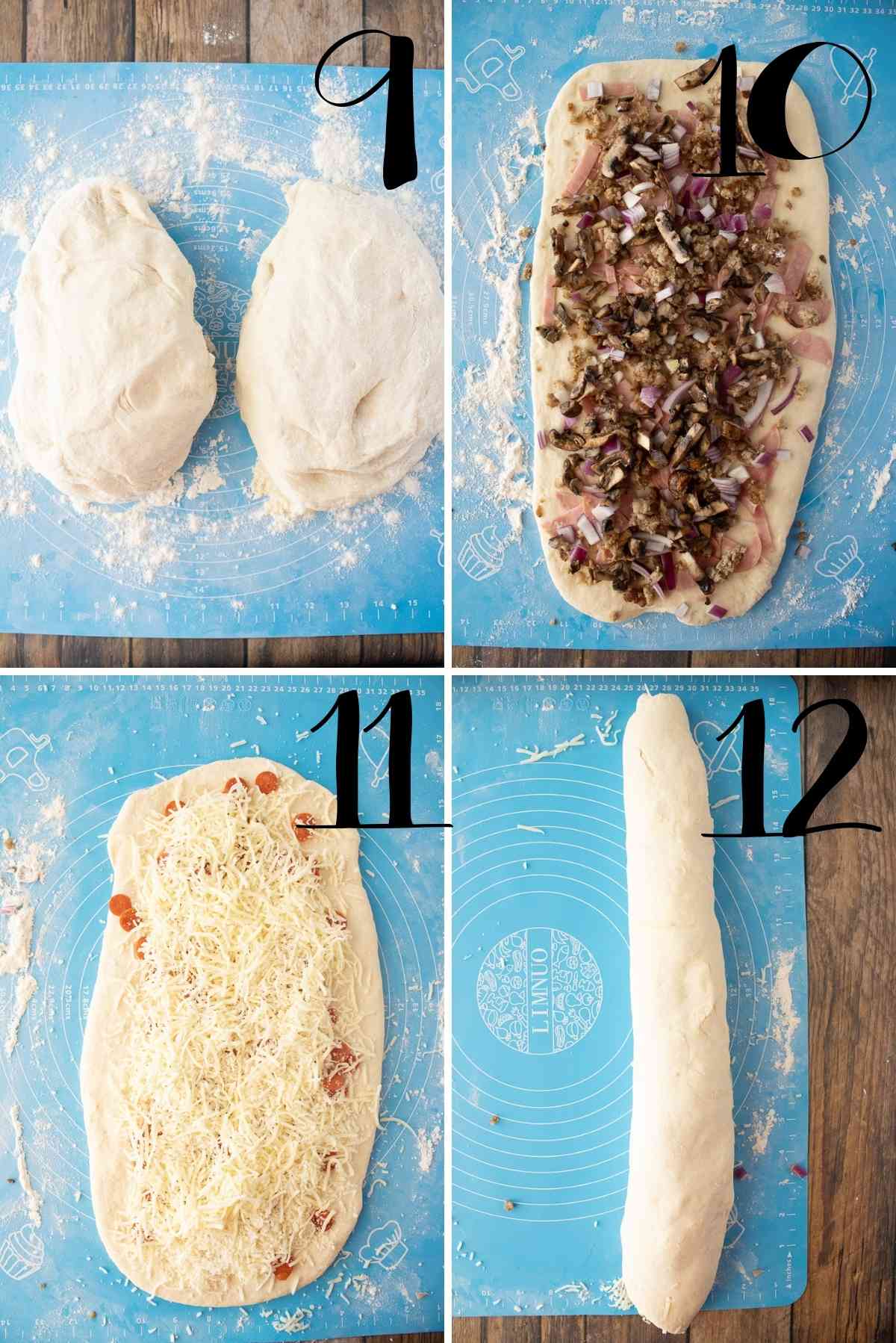 Divide dough, roll out, sprinkle with toppings and roll up.