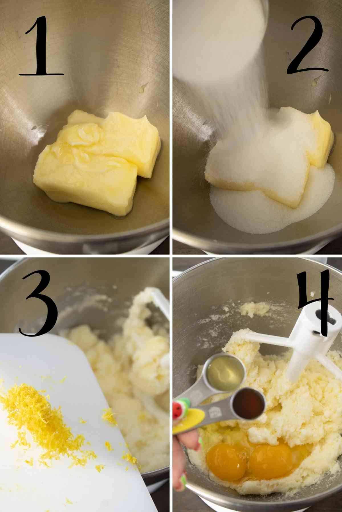 Cream the butter, sugar, and lemon zest.  Add the eggs and extracts!
