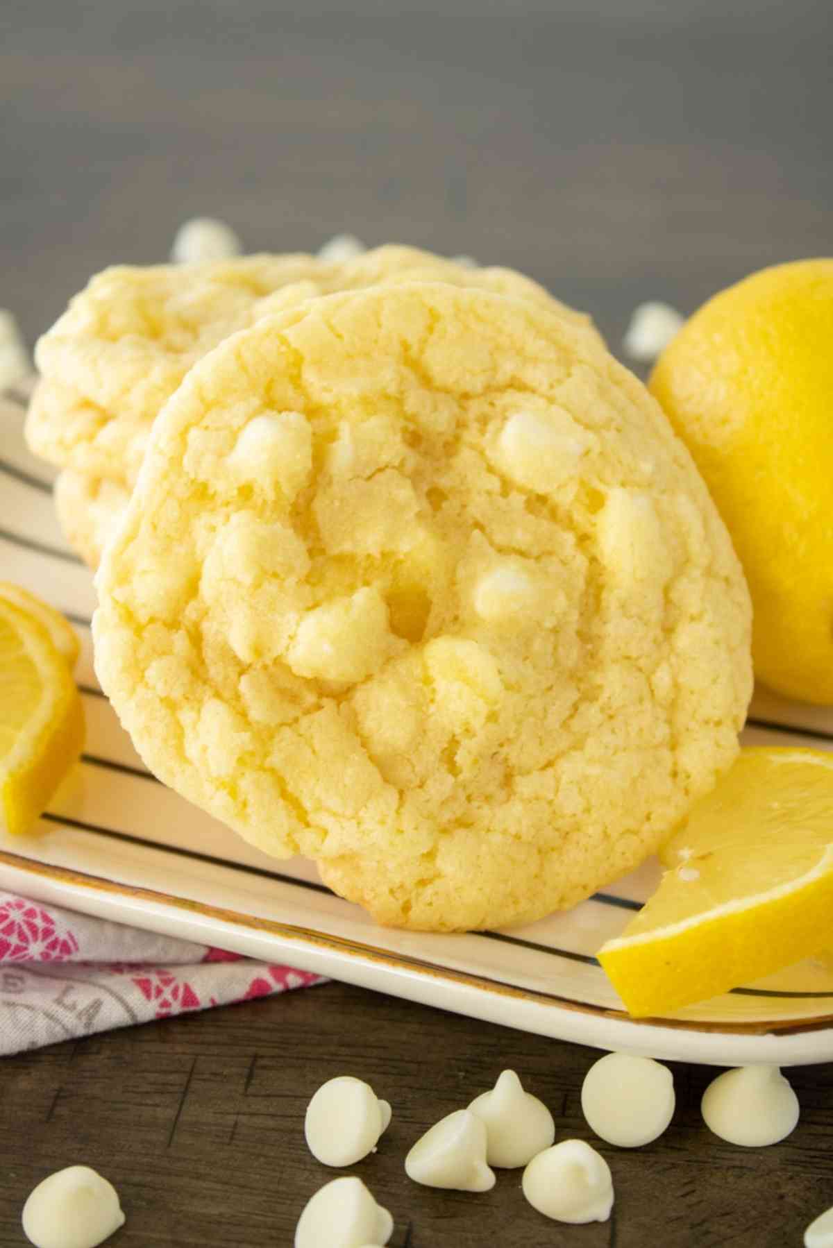 White chocolate chip lemon cookies on a plate!