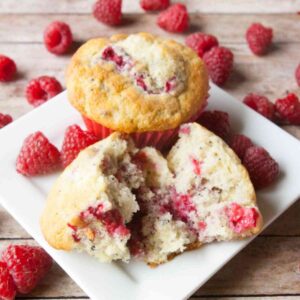 Raspberry muffins on a white plate.