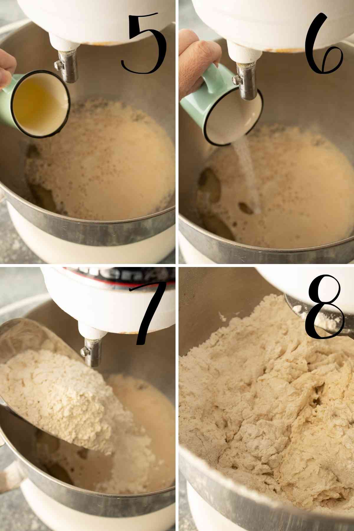 Oil, salt and flour added to the yeast mixture followed by the flour.