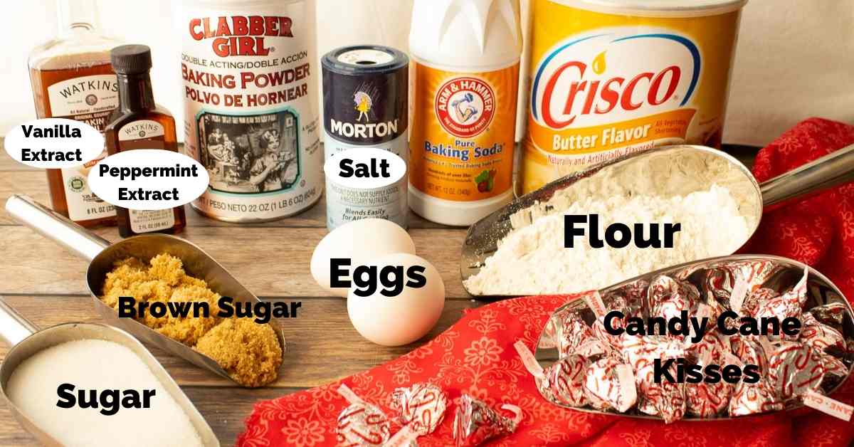 The ingredients needed to make candy cane cookies.