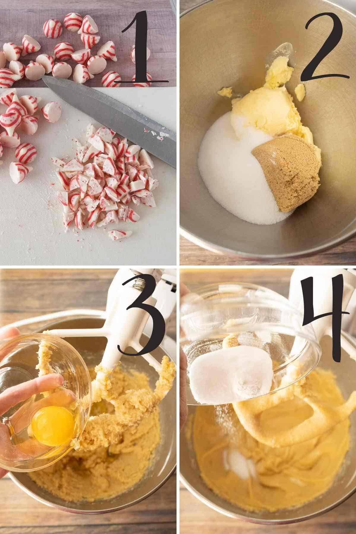 Pictures showing candy cane kisses chopped up, shortening and sugars creamed followed by eggs, extracts, baking powder, baking soda and salt being added.