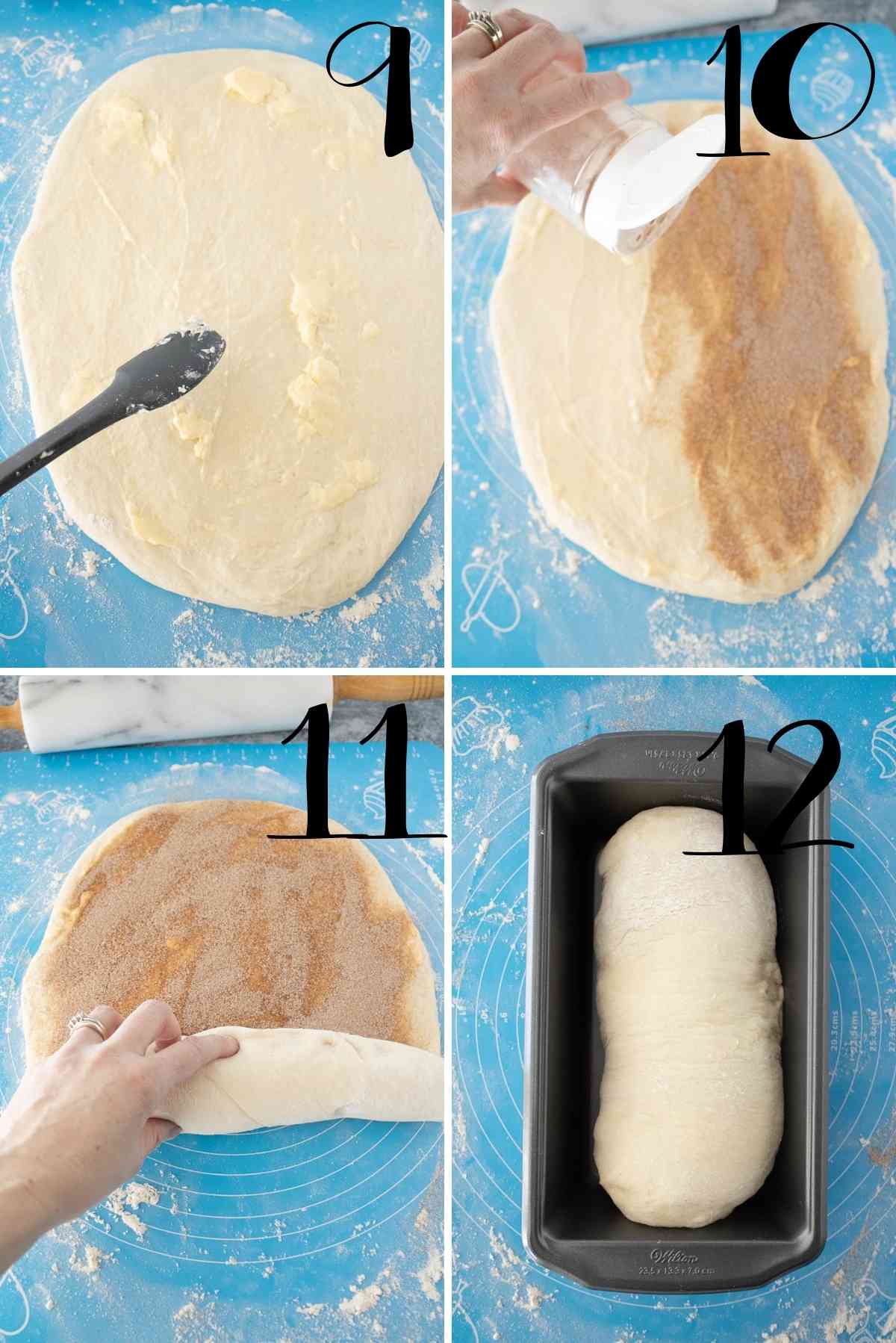 Roll out risen dough into a rectangle.  Spread with butter.  Sprinkle with cinnamon sugar.  Roll up.