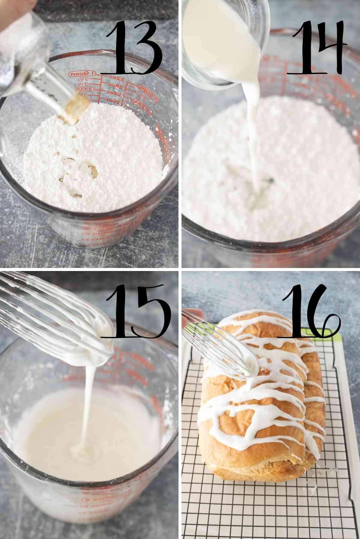 Whisk icing ingredients until smooth.  Drizzle over baked and cooled cinnamon bread.