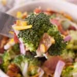 Forkful of broccoli salad