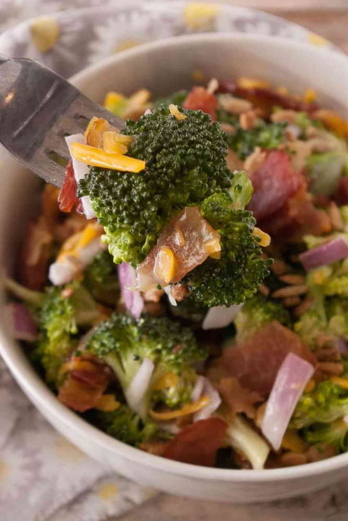 Bowlful of broccoli salad with a forkful being lifted out.