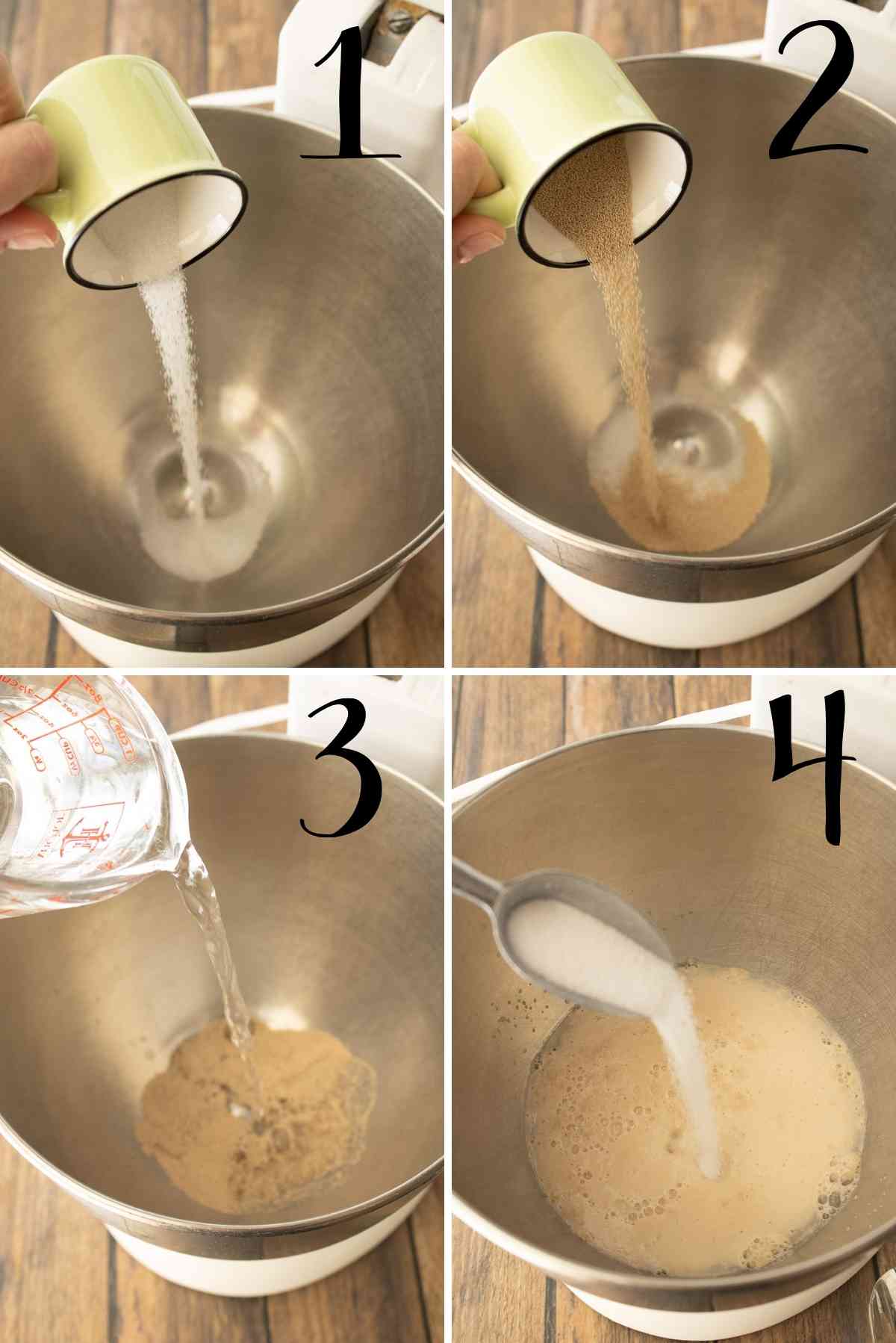 Sugar, yeast, and warm water added to a mixing bowl.