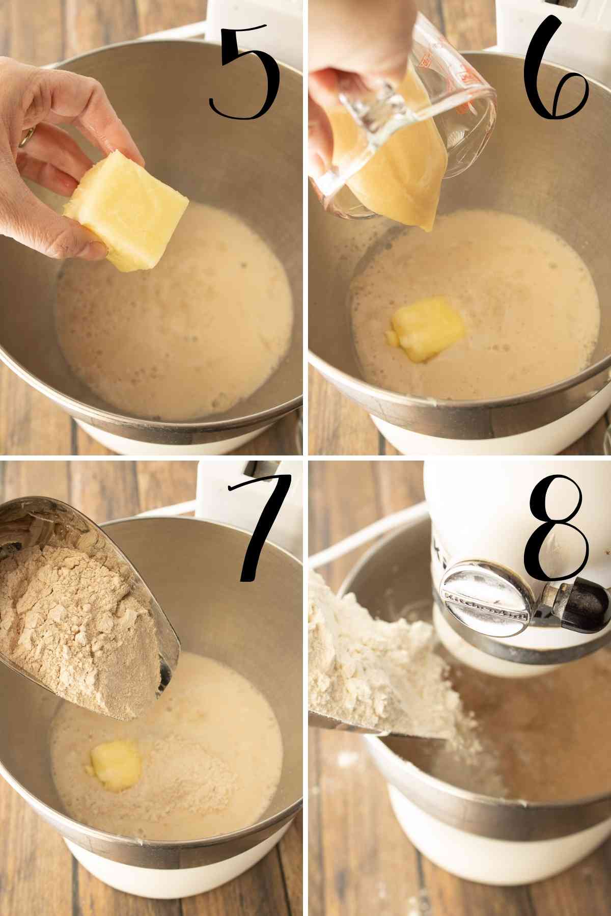 Butter, honey and flour added to the mixing bowl.