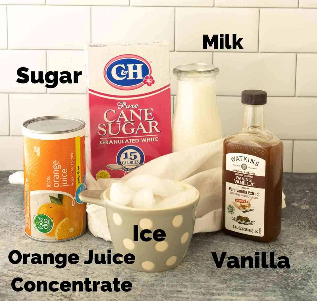 Ingredients for orange julius.