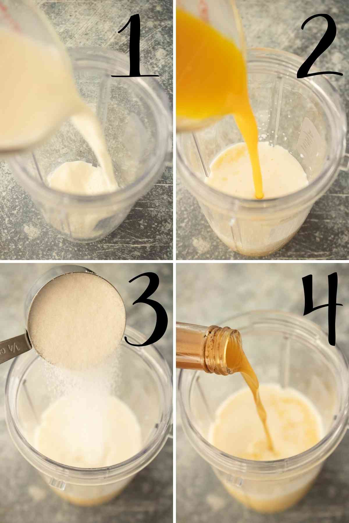 Milk, orange juice concentrate, sugar and vanilla added to a blender cup.