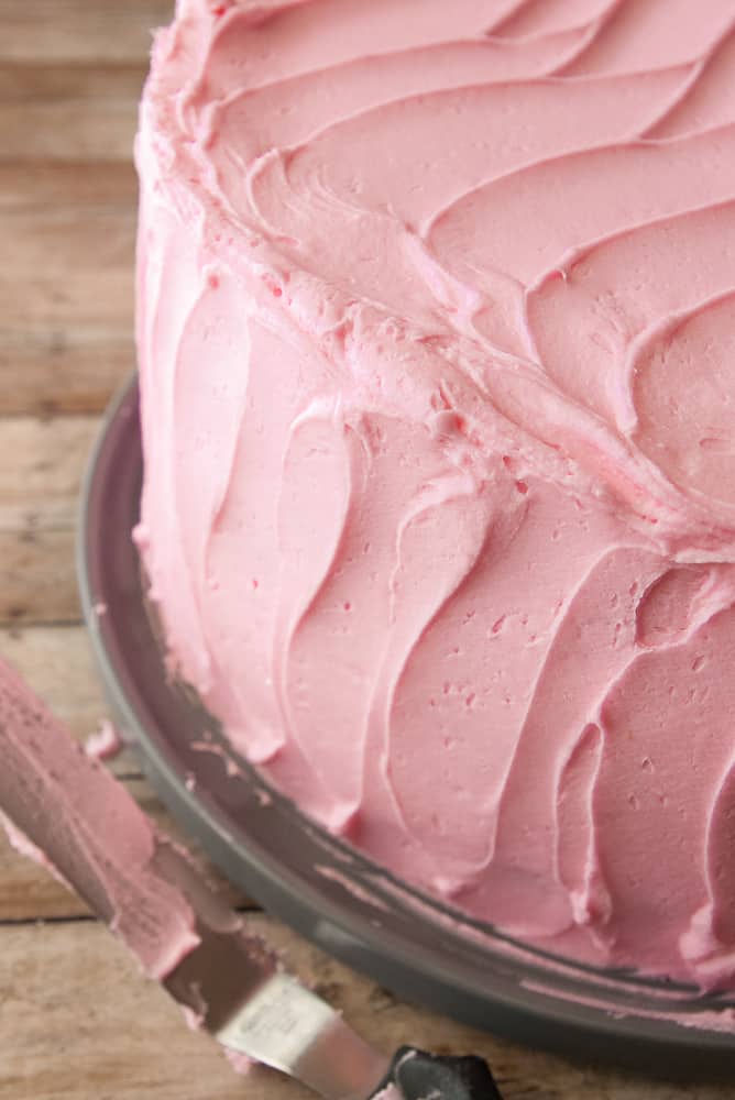 A cake frosted with the raspberry lemonade frosting.