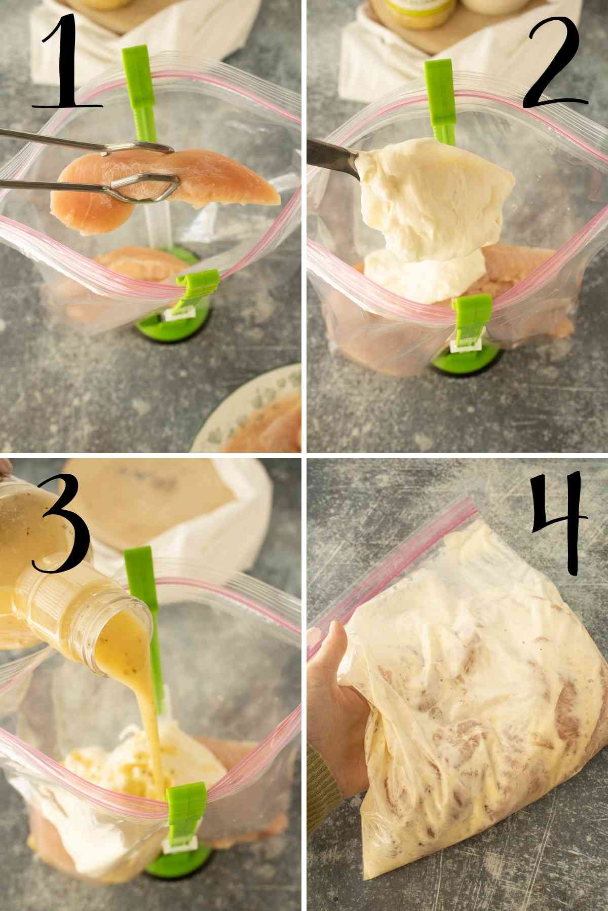 Chicken, mayo and italian dressing put in a ziploc bag and squished around.