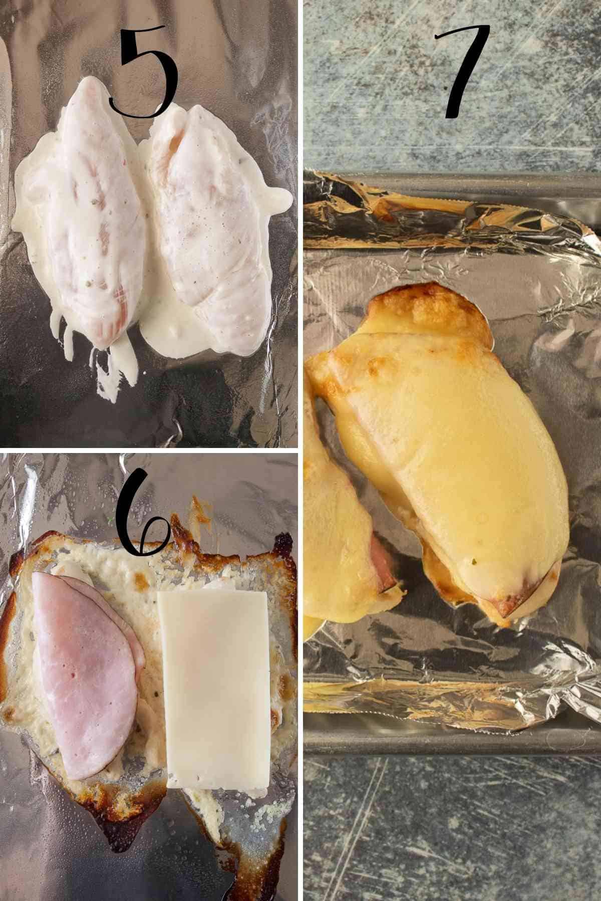 Marinated chicken laid out on baking sheet, baked, topped with ham and cheese, then broiled.