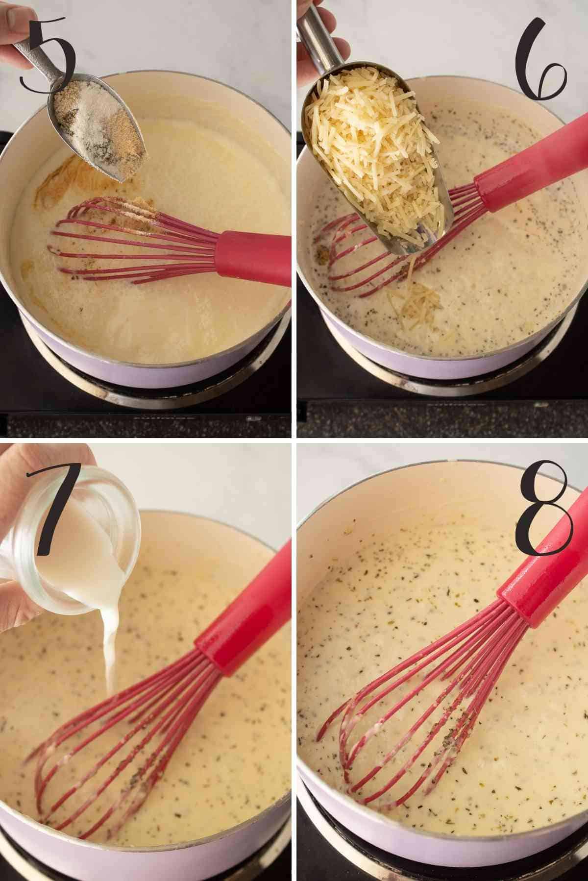 Adding of seasonings, parmesan cheese and milk.