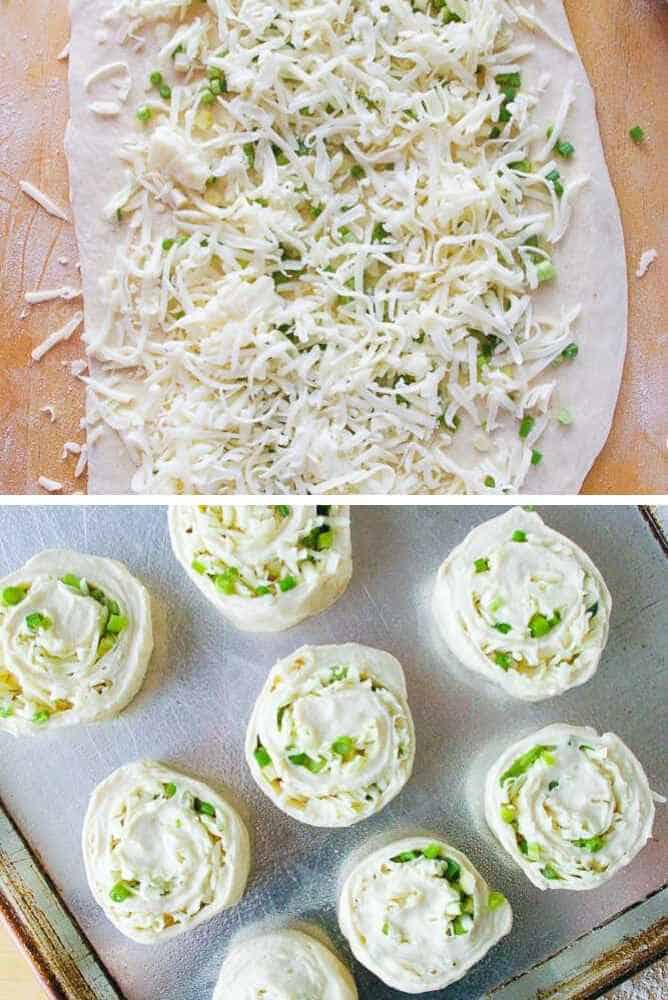 Collage of steps for mozzarella rolls.