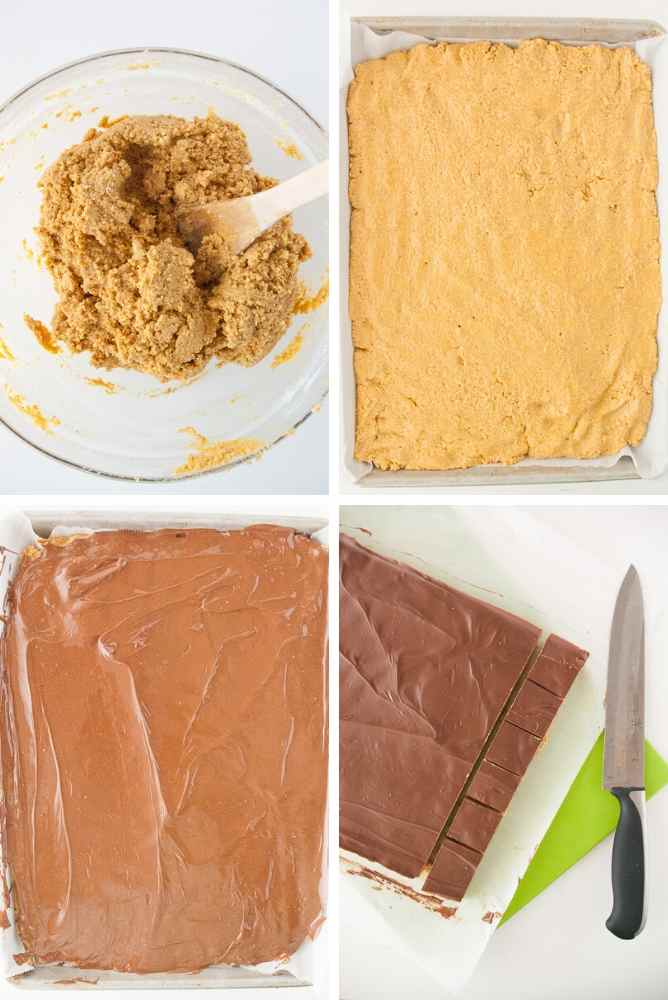 Collage of steps for the peanut butter bars.